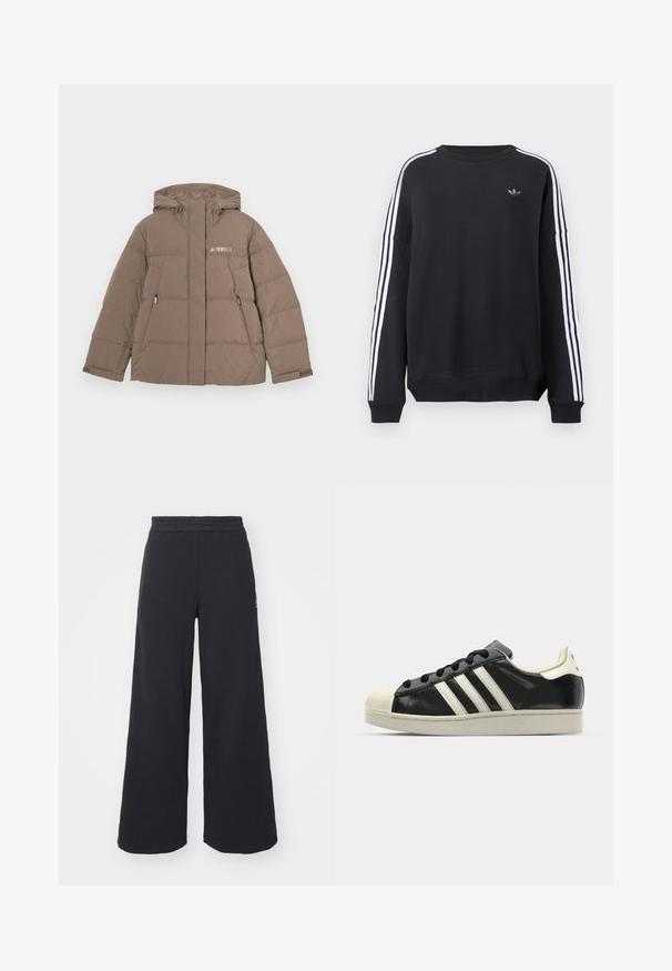 Braune gepolsterte Jacke mit Kapuze, ausgestattet mit einem Reißverschluss vorne, zwei Seitentaschen und dem weißen "Terrex"-Logo auf der Brust.; Schwarzer Pullover mit langen Ärmeln, weißen Streifen an jedem Arm und einem kleinen grauen Logo auf der Brust. Material aus Baumwolle, lässige Passform.; Schwarze weite Sweatpants aus weichem Material, mit einem elastischen Taillenbund und einem kleinen Logo auf der linken Seite.; Schwarze Ledersneaker mit weißen Streifen, Gummikappe, schwarzen Schnürsenkeln und einer cremefarbenen Sohle. Glatte Textur mit glänzender Oberfläche.