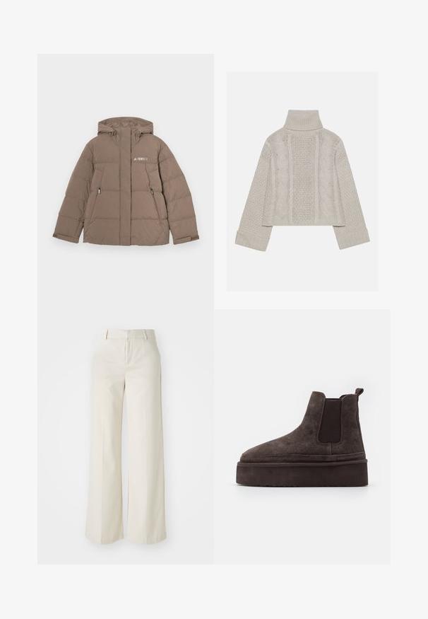 Smeđa, podstavljena jakna s kapuljačom, s prednjim patentnim zatvaračem, dva bočna džepa i bijelim "Terrex" logotipom na prsima.; Skraćeni, svijetlosivi pleteni pulover s visokim ovratnikom i rebrastim manžetama, sa teksturiranim cables uzorak na leđima i stranama.; Hlače širokih nogavica u svijetloj bež boji, izrađene od glatke tkanine. Imaju klasičnu elastičnu traku u struku i ravni prednji dio s čistim linijama.; Smeđe nubuk Chelsea čizme s elastičnim bočnim panelima i debelim, teksturiranim potplatima. Imaju traku za povlačenje na peti radi lakšeg obuvanja.