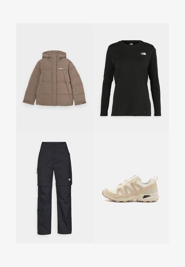 Bruine gewatteerde jas met capuchon, voorzien van een ritssluiting aan de voorkant, twee zijzakken en het "Terrex" logo in het wit op de borst.; Zwart langsluiting T-shirt van katoen met een ronde hals. Heeft een klein wit logo op de linkerkant van de borst. Eenvoudig ontwerp en pasvorm.; Zwarte nylon cargo broek met afneembare pijpen, verstelbare manchetten, meerdere zakken en een logo op het rechterbeen. Gladde, lichte textuur.; Beige en crème sportschoen met een textuur-mesh bovenwerk, ondersteunende overlays en een rubberen zool met een profielpatroon voor grip.