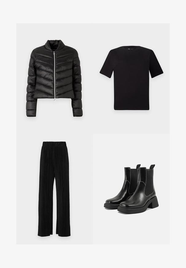Schwarze, kurze Pufferjacke mit horizontaler und vertikaler Steppung, hohem Kragen, metallischem Reißverschluss und enganliegenden Ärmeln. Glattes, glänzendes Material.; Schwarzes T-Shirt mit kurzen Ärmeln und Rundhalsausschnitt, aus weichem Baumwollmaterial gefertigt. Schlichtes Design, keine sichtbaren Logos oder Muster.; Schwarze plissierte Hose mit elastischem Bund. Verfügt über weite Hosenbeine und einen glatten, strukturierten Stoff mit vertikalen Streifen.; Schwarze Leder Chelsea-Stiefel mit einem klobigen Absatz, elastischen seitlichen Einsätzen und kontrastierendem weißen Nähten. Strukturierte Oberfläche.