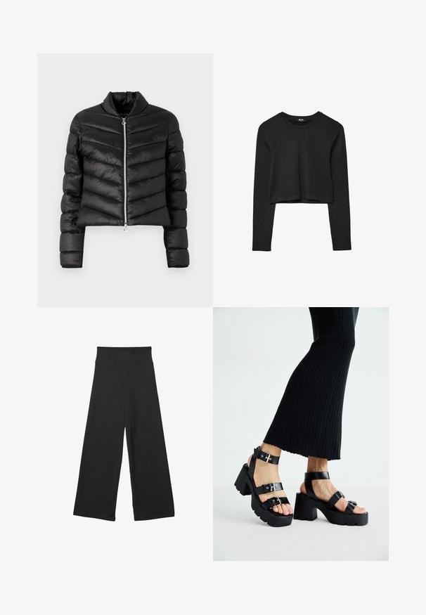 Mustapintainen lyhyt puffertakki, jossa on vaakasuoria ja pystysuoria quilting-ompeluja, korkea kaulus, metallivetoketju ja istuvat hihat. Sileä, kiiltävä kangas.; Mustat pitkät hihat lyhyt toppi, jossa on pyöreä kaula-aukko, yksinkertainen muotoilu ja hieman kaareva helma.; Mustat leveälahkeiset housut, joissa on korkea joustava vyötärö, pehmeä kangas ja väljät mitat, sopivat arkiseen käyttöön tai rentoihin tiloihin.; Mustat alustossut, joissa on paksut, uritetut pohjat ja useita hihnoja, varustettuna metallisilla soljilla ja sileällä nahkamaisten materiaalien pinnalla.