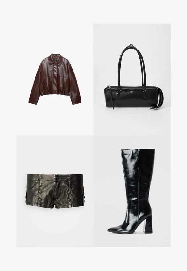 Giacca cropped in pelle bordeaux con colletto, due tasche laterali e una texture liscia e lucida. Presenta un orlo elastico in vita.; Camicia di flanella a quadri in nero, bianco e grigio. Presenta una chiusura con bottoni, due tasche sul petto e maniche lunghe con polsini bottonati.; Shorts neri in pelle a vita bassa con bottoni metallici decorativi frontali e laterali, dotati di tasche anteriori e dettagli di cucitura.; Stivali neri al ginocchio in pelle lucida, con punta appuntita e un tacco geometrico robusto dalla superficie liscia.; Borsa a tracolla nera in pelle di forma rettangolare, con una superficie liscia, due manici, chiusura con zip e un piccolo logo sulla parte anteriore.