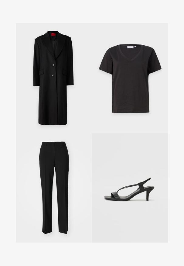 Black long coat with a tailored silhouette, notched lapels, two front pockets, and single button closure. Interior has a patterned lining.; Black cotton T-shirt with a V-neck and short sleeves. Simple design with a regular fit and no patterns or accents.; Black tailored trousers with a straight-leg design, featuring a smooth texture and crisp creases along the front. No visible hardware.; Black heeled sandals with a slender strap design, square toe, and a mid-height block heel. Made from smooth leather with a matte finish.