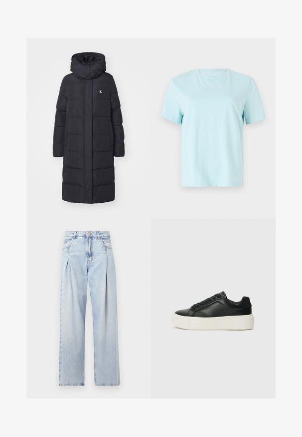 Svart pufferjakke med hette, med glidelås foran og trykknapper, vertikalt quiltet tekstur og en liten logo på brystet.; Lyseblå bomulls t-skjorte med korte ermer, rund hals og subtilt brodert 'Calvin Klein' logo foran.; Lyseblå denimjeans med høy livlinje, vide ben, to sidelommer og plisserte detaljer. Myk tekstur med en falmet finish.; Sorte lær sneakers med rund tå, hvit plattformsåle og svarte snøring. Har en subtil logo på hælen og jevn tekstur.