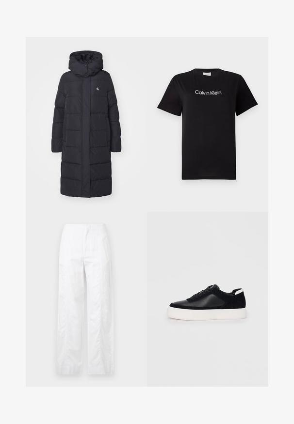 Fekete puffermellény kapucnival, elülső cipzárral és patent gombokkal, függőleges steppelt textúrával és egy kis logóval a mellkason.; Fekete pamut póló rövid ujjal, fehér "Calvin Klein" logóval a mellkason. Klasszikus kerek nyakú kialakítás.; Fehér, széles szárú nadrág könnyű anyagból, sima textúrával, letisztult vonalakkal és magasderék kialakítással.; Fekete sportcipő sima bőrből és velúr panelekkel, lapos fűzőkkel, kerek orral és fehér gumi talppal. Megkülönböztető logó a sarkán.