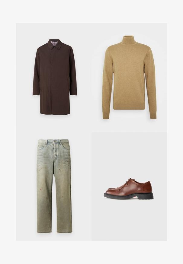 Paul Smith CASUAL FIT COAT - Trenčkot - dark brown; Beige rolák vyrobený z měkké pleteniny. Má dlouhé rukávy a přiléhavý střih. Hlavními prvky jsou vroubkovaný lem a límec.; Odstřižené džíny v světle zelené barvě, se rovnými nohavicemi, pěti kapsami a nerovnoměrným vyblednutím s barevnými skvrnami.; Hnědé kožené společenské boty s kulatou špičkou, kontrastním prošíváním, šněrovacím designem a texturovanou černou gumovou podrážkou.