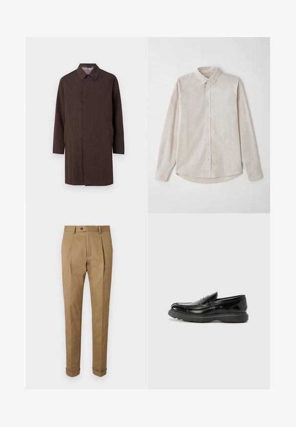 Paul Smith CASUAL FIT COAT - Lietpaltis - dark brown; Šviesiai ruda ilgomis rankovėmis marškinėliai, pagaminti iš minkštos medžiagos. Su mygtukų užsegimu ant apykaklės ir centriniu mygtukų užsegimu, turinčiu lenktą apatinę dalį.; Chaki spalvos kelnės su pritaikytu siluetu, turinčios raukšles, mygtuko uždarymą, diržo kilpas ir sukurtas rankoves. Pagamintos iš lygaus, patvaraus audinio.; Juodas odinis loaferis su blizgiu paviršiumi, apvaliu pirštu, subtiliais siūlių detalėmis ir storu guminio pado, užtikrinančio ilgaamžiškumą.