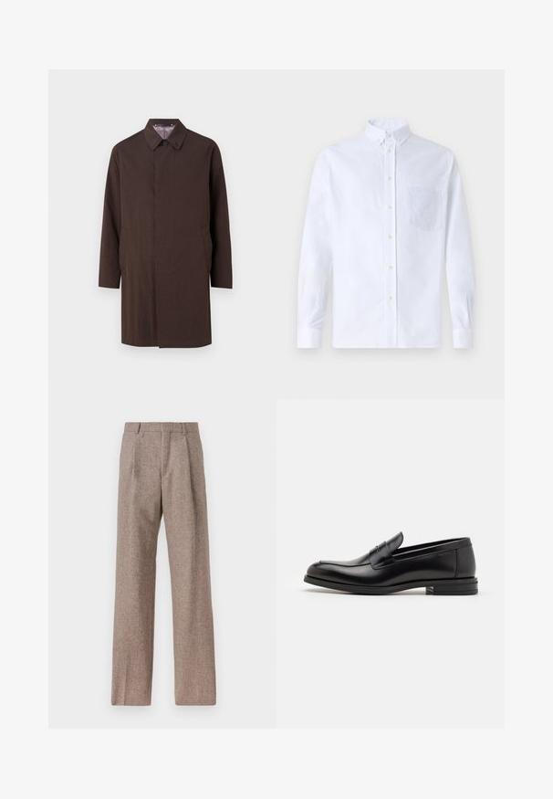 Paul Smith CASUAL FIT COAT - Kišni ogrtač - dark brown; Bijela košulja s dugim rukavima na dugme, izrađena od pamuka, s džepom na prsima s ton-sur-ton vezom, ovratnikom i dugmadi na manžetama.; Smeđe, hlače viskog struka od teksturiranog materijala. Imaju široke nogavice i dva prednja pregiba za strukturu. Uređen završetak bez vidljivih metalnih dijelova.; Crni kožni mokasini s glatkom teksturom, zaobljenim prstima i ukrasnom trakom preko prednjeg dijela. Niski slojeviti potplat, minimalistički dizajn.
