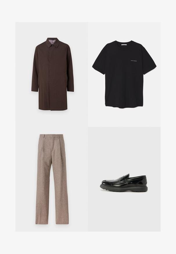 Paul Smith CASUAL FIT COAT - Trenčkot - dark brown; Črna bombažna majica s kratkimi rokavi in okroglim ovratnikom, z belim logotipom natisnjenim na levi prsni strani. Preprost, enobarven dizajn.; Rjave hlače z visokim pasom, izdelane iz teksturirane tkanine. Imajo široke noge in dve sprednji pregibi za strukturo. Urejen zaključek brez vidne strojne opreme.; Črne usnjene loafer čevlje z sijajno obdelavo, okroglo špico, subtilnimi šivi in debelim gumijastim podplatom za trajnost.