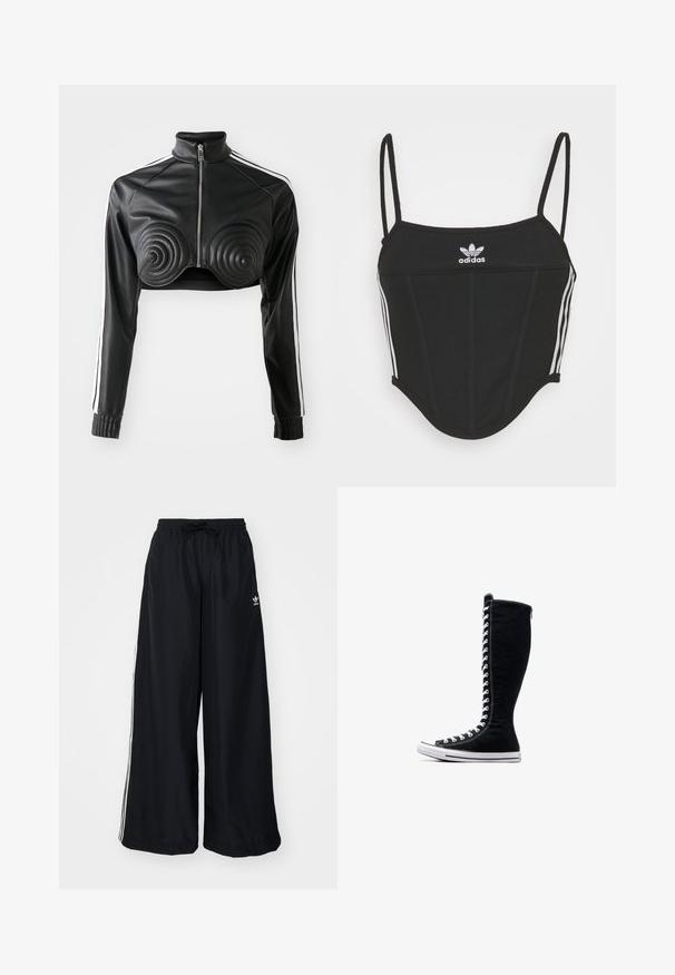 Czarna krótka kurtka z sztucznej skóry, z spiralnymi, pikowanymi akcentami na biuście, z przodu na zamek oraz białymi paseczkami po bokach rękawów.; Czarny prążkowany top krótki z regulowanymi cienkimi ramiączkami, z trzema białymi paskami po bokach i małym białym logo Adidas na środku.; Czarne spodnie typu wide-leg wykonane z lekkiego materiału. Posiadają elastyczny pas z troczkiem i białe paski po bokach. Logo marki na biodrze.; Czarne wysokie trampki o wysokim designie, wykonane z płótna. Posiadają białe sznurowadła, przeszycia oraz gumową podeszwę z osłoną na palce.