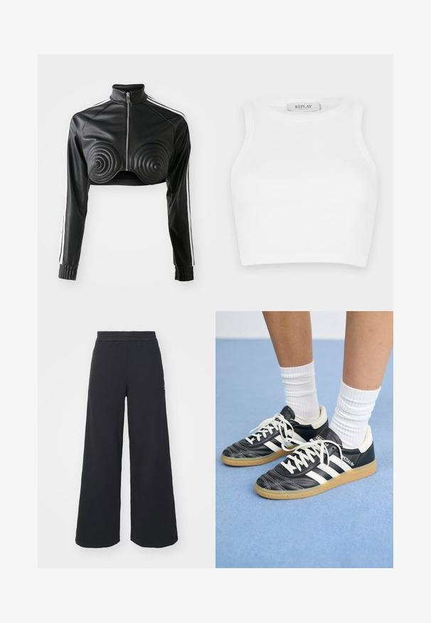 Casaco curto preto feito de couro sintético, com detalhes acolchoados em forma de espiral na parte do busto, fecho com zip e riscas brancas nas mangas.; Top cropped branco canelado com um decote redondo e design sem mangas. A etiqueta diz "REPLAY" perto do decote. Textura suave em toda a peça.; Calças de fato largas, pretas, feitas de tecido macio, com uma cintura elástica e um pequeno logótipo do lado esquerdo.; Sapatilhas de couro preto com riscas brancas, biqueira redonda, atacadores brancos e sola de borracha de goma. Destacadas pelo colarinho acolchoado e detalhes de marca.