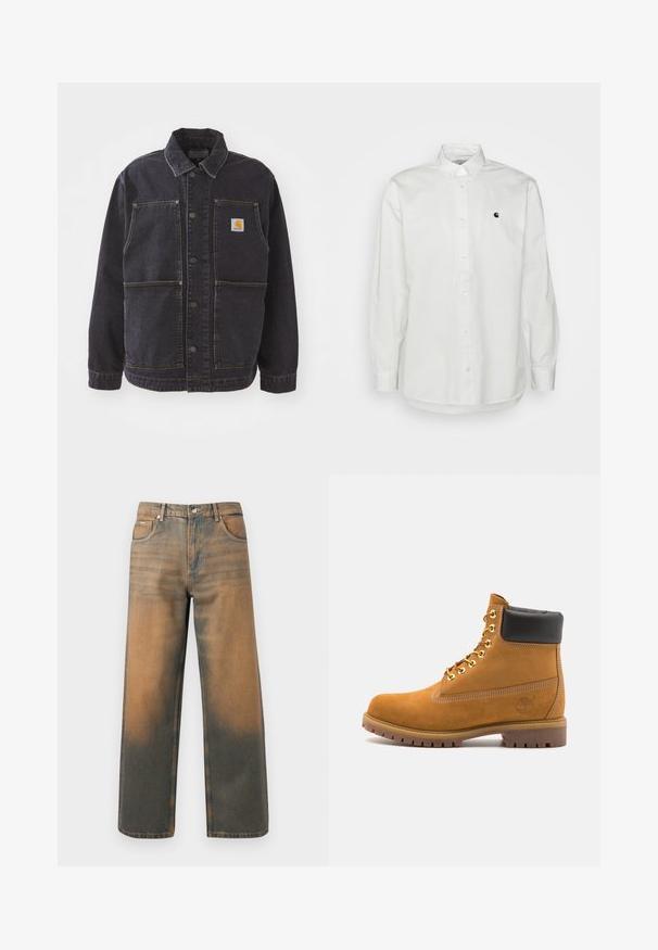 Ciemnoniebieska kurtka dżinsowa z kołnierzykiem, zapinana na guziki, z dwiema dużymi kieszeniami z przodu oraz naszywką logo na piersi. Teksturowany materiał z żółtymi przeszyciami.; Biała, długozasłonowa koszula z guzikami, wykonana z bawełny, z małym czarnym logo na lewej piersi oraz klasycznym kołnierzykiem z akcentami guzikowymi.; Jeansy o szerokich nogawkach w przetartym niebieskim i brązowym denimp. Posiadają wysoki stan, przednie kieszenie oraz klasyczne zapięcie na guzik z metalowymi akcentami.; Beżowe zamszowe botki sięgające kostki z czarną wyściełaną krawędzią, złotymi oczkami, białymi detalami szycia oraz wytrzymałą gumową podeszwą z wyraźnym bieżnikiem.