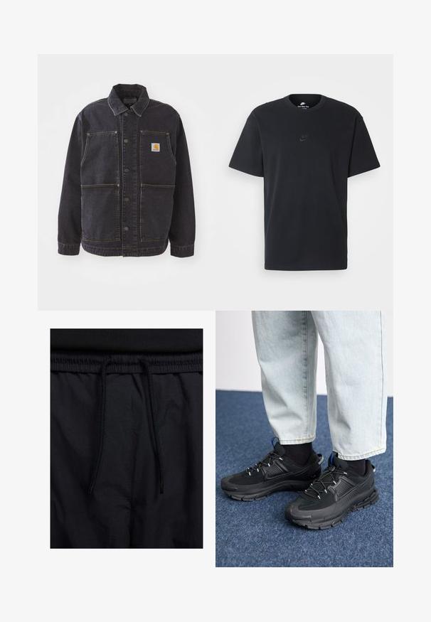 Chaqueta de mezclilla oscura con cuello tipo solapa, cierre de botones, dos grandes bolsillos frontales y un parche de logo en el pecho. Tela texturizada con costuras amarillas.; Camiseta negra de algodón de Nike con un clásico cuello redondo, mangas cortas y un sutil logo en relieve en el pecho. Textura suave.; Pantalones cortos negros con cinturilla ajustable, tejido ligero con una textura suave y un diseño sencillo sin logotipos visibles ni patrones.; Zapatillas deportivas negras con tejido texturizado y suelas de goma, con cordones elásticos y un acento azul en el talón. Combinadas con pantalones de mezclilla claros.