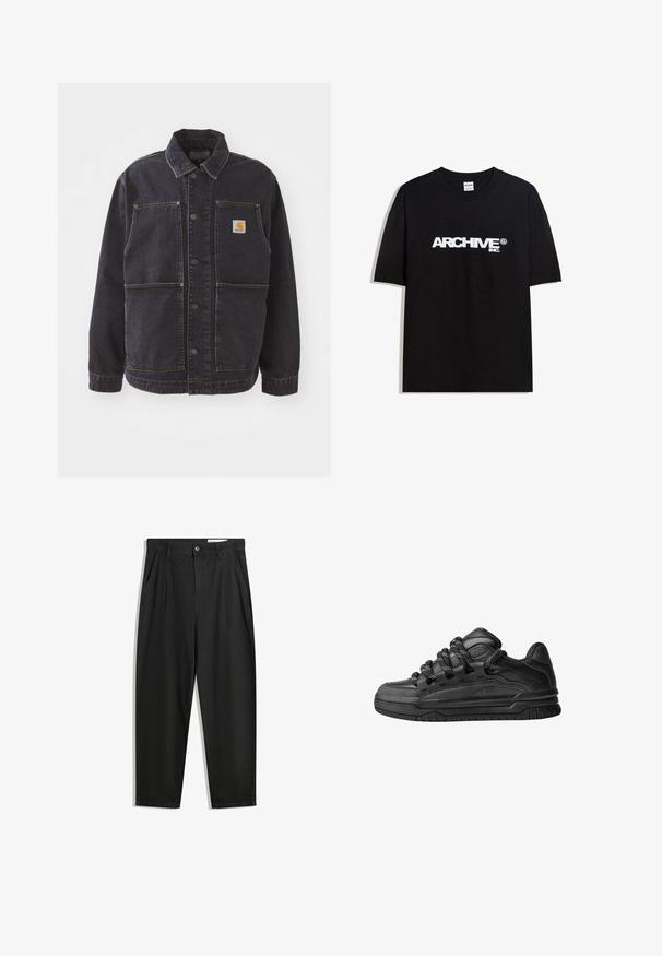 Tumman sininen farkkutakki, jossa on kauluksellinen kaula, nappisuljenta, kaksi suurta etutaskua ja logopatchi rinnassa. Teksturoidusta kankaasta, jossa on keltaisia ompeleita.; Musta puuvillainen T-paita, jossa on valkoinen "ARCHIVE inc." -logo rinnassa, lyhyet hihat ja pyöreä kaula-auko.; Mustat puuvillahousut rentoa mallia, joissa on klassinen vyötärö, etukangastukset ja sivutaskut. Sileä pinta ilman kuvioita.; Mustat tennarit, joissa on sileä nahkapinta, teksturoituja yksityiskohtia ja pyöreät musta-valkoiset nauhat. Paksu kumipohja, jossa on kuvioitu pinta.
