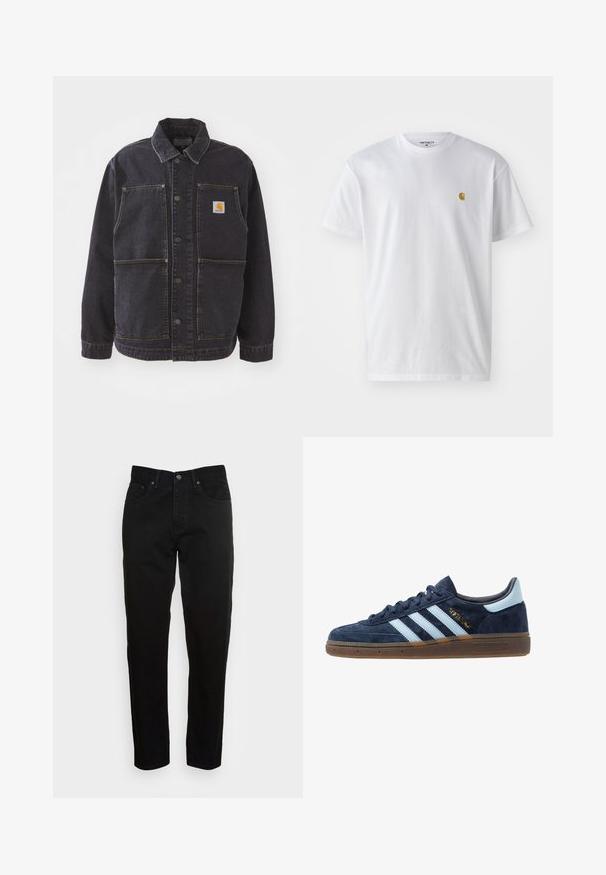 Mørk denimjakke med krave, knaplukning, to store forlommer og et logo-patch på brystet. Struktureret stof med gule syninger.; Hvid bomulds t-shirt med korte ærmer, rund hals og et lille guld logo på venstre brystområde. Blød tekstur og almindelig pasform.; Sorte slim-fit jeans med frontknaplukning og fem-lomme design, vist mod en enkel lys grå baggrund.; Navyblå ruskinds Adidas sneakers med lyseblå striber, gummisål, lyseblå hælflap og guld "Spezial" branding på siden.