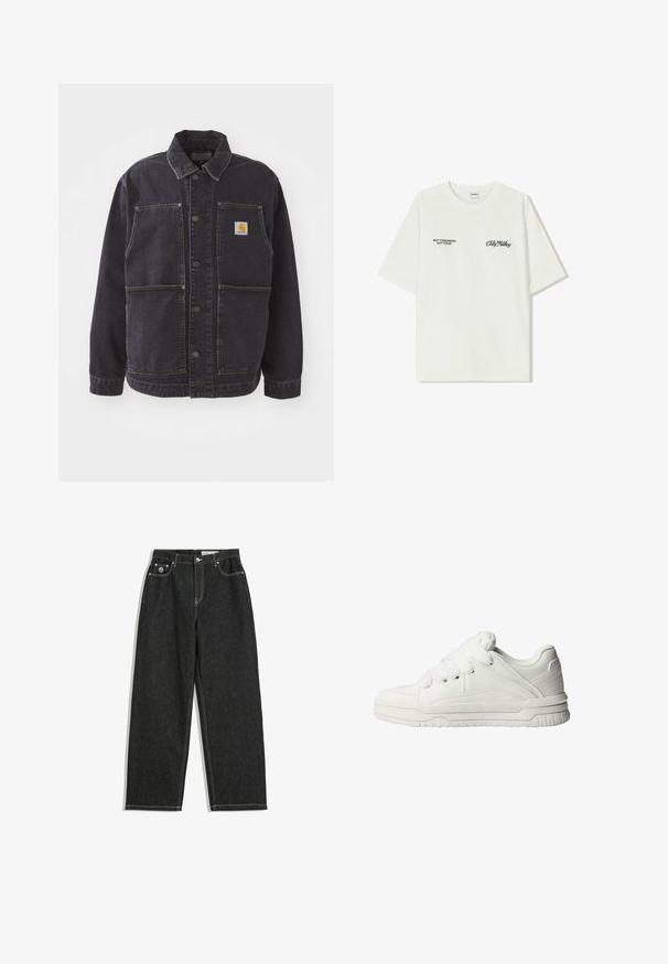 Donkerdenim jack met een kraag, knopen aan de voorkant, twee grote voorzakken en een logo-opdruk op de borst. Gestructureerde stof met gele stiksels.; Witte katoenen T-shirt met korte mouwen. Aan de voorkant staat in zwarte tekst: "NIET MORGEN NIET VANDAAG" en "DE KUNST VAN VUIL VERPLAATSEN" in groene cursieve letters.; Zwarte rechte jeans met witte stiksels, vijf-pocket ontwerp, knoop- en ritsluiting, en een klein logo op de voorkant van de rechterzak.; Witte sneakers met een gladde leren buitenkant, een gevoerde tong, platte veters en getextureerde accenten aan de zijkanten en hiel.