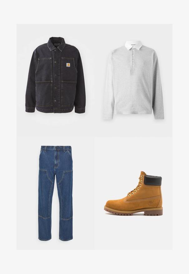 Tume teksaste jakken, millel on krae, nööbid ees, kaks suurt esikot ja logo patch rinnal. Tekstureeritud kangas, millel on kollased õmblused.; Hele hall polo-särk pikka varrukaga, tehtud pehmest kangast, millel on valge krae ja neli nupuvajutust. Sile tekstuur, lihtne disain.; Sinine denimist rõivaste paari sirge säärega teksad, millel on ees plaastritaskud ja kontrastsed õmblused. Kangas omab klassikalist tekstuuri ja viimistlust.; Küpset tan suede sääreboot musta pehmea kraega, kuldsed metallist silmad, valge õmblemise detailid ja robustne kummist tallaga, millel on väljendunud mustrid.
