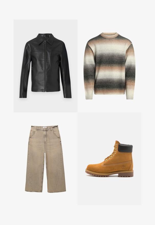 Veste en cuir noir avec des manches longues, fermeture éclair à l'avant et col pointu, présentée sur un fond blanc.; Pull en tricot avec un col rond, des poignets côtelés et un motif dégradé dans des tons de crème, beige et gris. Texture douce et coupe décontractée.; PULL&BEAR MEGA BAGGY - Jean baggy - light grey; Bottine en daim beige avec un col rembourré noir, œillets en métal doré, détails de surpiqûres blanches et semelle en caoutchouc robuste avec des crampons prononcés.