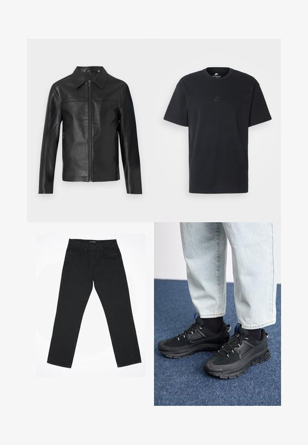 Juodas odinis švarkas su ilgomis rankovėmis, priekinis užtrauktukas ir smailas apykaklė, eksponuojamas balto fono.; Juodas medvilninis Nike marškinėliai su klasikinėmis apykaklėmis, trumpomis rankovėmis ir subtiliu, įspaustu logotipu ant krūtinės. Sklandus tekstūra.; Juodos džinsinės kelnės su tiesiomis kojomis, penkiomis kišenėmis ir klasikinėmis juosmeniu. Audinys turi lygaus paviršiaus tekstūrą ir minimalų detalizavimą.; Juodi sportiniai bateliai su tekstūruota medžiaga ir guminiais padais, su elastingomis raišteliais ir mėlynu akcentu ant kulno. Dėvimi su šviesiai mėlynomis džinsinėmis kelnėmis.