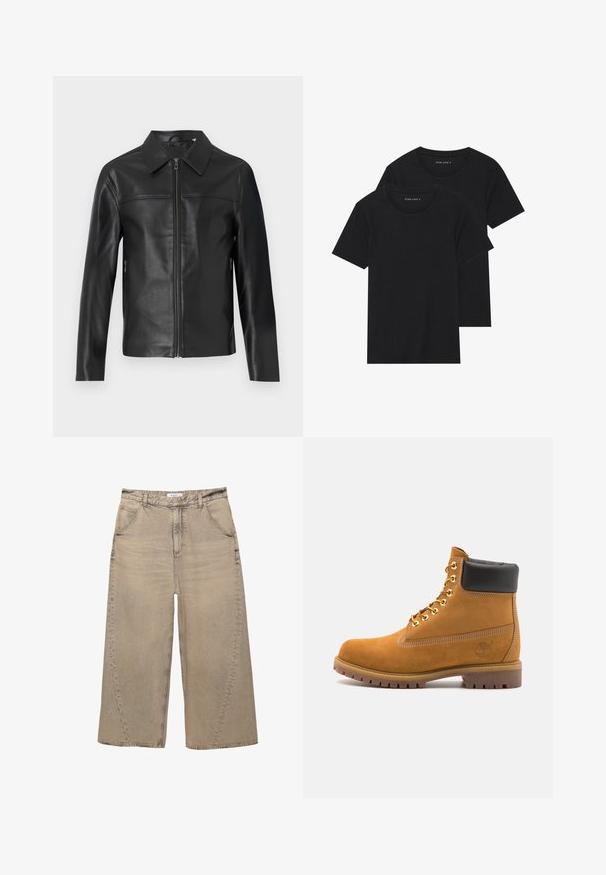 Czarna skórzana kurtka z długimi rękawami, zamek błyskawiczny z przodu i spiczasty kołnierz, wyeksponowana na białym tle.; Dwie czarne bawełniane koszulki z krótkimi rękawami, okrągłymi dekoltami i gładką fakturą, wyeksponowane ułożone jedna na drugiej.; PULL&BEAR - Jeansy baggy; Beżowe zamszowe botki sięgające kostki z czarną wyściełaną krawędzią, złotymi oczkami, białymi detalami szycia oraz wytrzymałą gumową podeszwą z wyraźnym bieżnikiem.