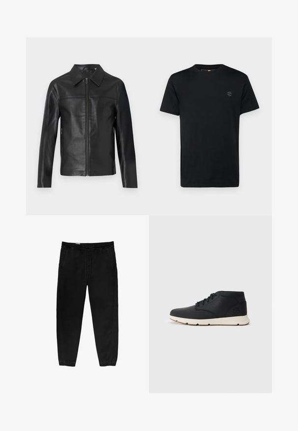 Zwarte leren jas met lange mouwen, ritssluiting aan de voorkant en puntige kraag, weergegeven tegen een witte achtergrond.; Zwarte katoenen T-shirt met een ronde hals, korte mouwen en een klein, geborduurd logo op de borst. Gladde textuur, klassieke pasvorm.; Zwarte elastische taillebandbroeken met een trekkoord, taps toelopende benen, zijzakken en subtiele stiksels aan de zijkanten. Zachte katoenachtige stof.; Zwarte leren chukka boots met een witte rubberen zool, voorzien van ronde veters en een zijlogo dat op de hak is gedrukt. Glad oppervlak overal.