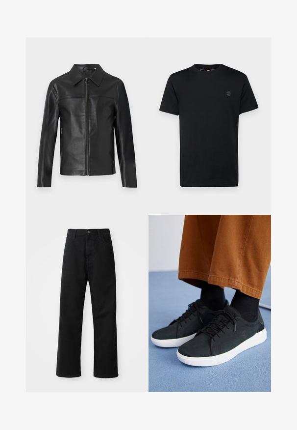 Juodas odinis švarkas su ilgomis rankovėmis, priekinis užtrauktukas ir smailas apykaklė, eksponuojamas balto fono.; Juodas medvilninis marškinėliai su apvalia iškirpte, trumpomis rankovėmis ir mažai, siuvinėta logotipu krūtinėje. Lygus paviršius, klasikinis siluetas.; Juodo džinsinio audinio keliaraiščiai su tiesia iškarpa, turintys priekinės kišenes, užtrauktuką ir vieną viršutinį mygtuką. Audinys tekstūruotas, su matinio paviršiaus apdaila.; Juodi zomšiniai sneakeriai su baltais guminiais padais, su raištelių uždėjimo dizainu, tekstūruotais akcentais ir subtiliu prekių ženklu, derinami su rudomis kelnėmis.