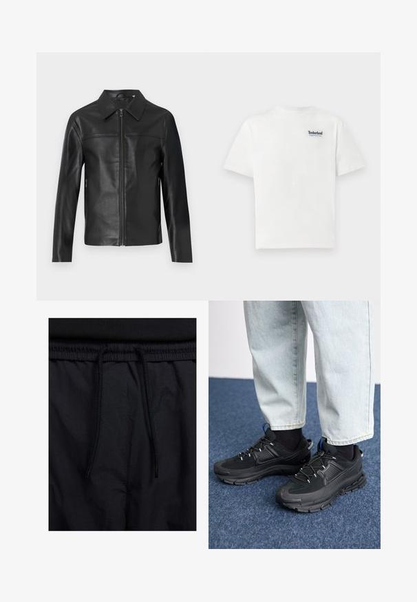 Veste en cuir noir avec des manches longues, fermeture éclair à l'avant et col pointu, présentée sur un fond blanc.; T-shirt en coton blanc avec un logo brodé bleu "Timberland Rugged Active Gear" sur le côté supérieur gauche de la poitrine. Manches courtes et col rond.; Shorts noirs avec un élastique à cordon de serrage, en tissu léger avec une texture lisse, et un design simple sans logos ni motifs visibles.; Des chaussures de sport noires avec un tissu texturé et des semelles en caoutchouc, dotées de lacets élastiques et d'un accent bleu au talon. Portées avec un pantalon en denim clair.
