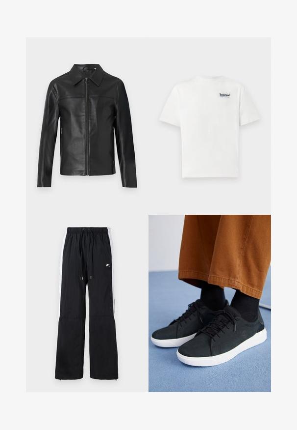Chaqueta de cuero negro con mangas largas, cierre frontal de cremallera y collar puntiagudo, exhibida sobre un fondo blanco.; Camiseta de algodón blanca con un logo bordado en azul que dice "Timberland Rugged Active Gear" en la parte superior izquierda del pecho. Mangas cortas y cuello redondo.; Pantalones deportivos negros con cinturilla elástica, rayas laterales blancas, puños con cremallera y un detalle de logo en goma en la parte delantera.; Zapatillas de ante negro con suelas de goma blanca, que presentan un diseño con cordones, acentos texturizados y una marca sutil, combinadas con pantalones marrones.