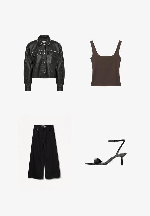 Giacca cropped in pelle nera con borchie argentate lungo il colletto, le tasche frontali e le maniche; chiusura a bottone classica e superficie liscia.; Top senza maniche marrone con scollo quadrato, realizzato in tessuto morbido ed elastico. Presenta un design aderente e cuciture piatte.; Bershka WIDE-LEG - Wide Leg - black; Bershka Sandali con tacco - black
