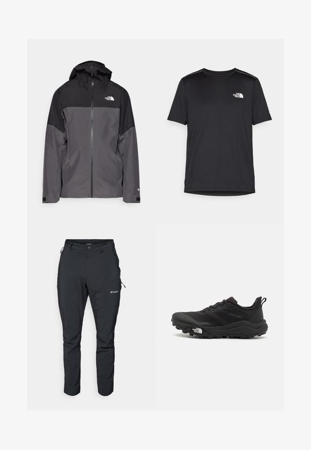 Šedá nepremokavá bunda s čiernou hornou časťou, so zipsom vpredu, nastaviteľnou kapucňou a elastickými manžetami. Obsahuje logo na hrudi a rukáve.; Čierne tričko s krátkym rukávom vyrobené z ľahkej tkaniny. Obsahuje malé biele logo na ľavej hrudi a jemné akcenty na pleciach.; Čierne, ľahké vonkajšie nohavice s elastickým pásom, bočnými zipsovými vreckami a logom na ľavom stehne. Hladká, odolná tkanina.; Čierne trailové behacie topánky s štruktúrovaným zvrškom, gumovou podrážkou a vystuženou špičkou. Obsahuje polstrovaný golier a úchyt na jednoduché obúvanie.