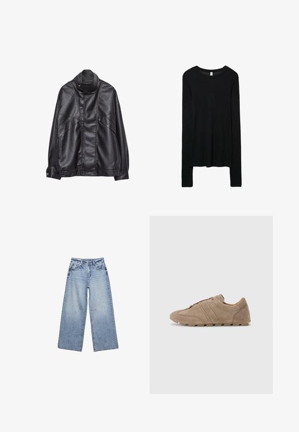 Crna kožna jakna s visokim ovratnikom i snap dugmetom, zip džepovima sa strane i detaljnim šavovima na prednjem dijelu i rukavima.; Crna majica dugih rukava, izrađena od glatkog pletenog materijala. Okrugli izrez, prilagođen oblik i produžene rukave s laganim spuštenim rubom.; Svijetloplavi široki traperice izrađene od denima, s visokim strukom, pet džepova i suptilnim izbleđivanjem, te sirovim rubovima.; Bežsuede cipele s niskim profilom, s ušivenim linijama i teksturiranom površinom, dopunjene gumenim potplatima za bolju prionljivost.