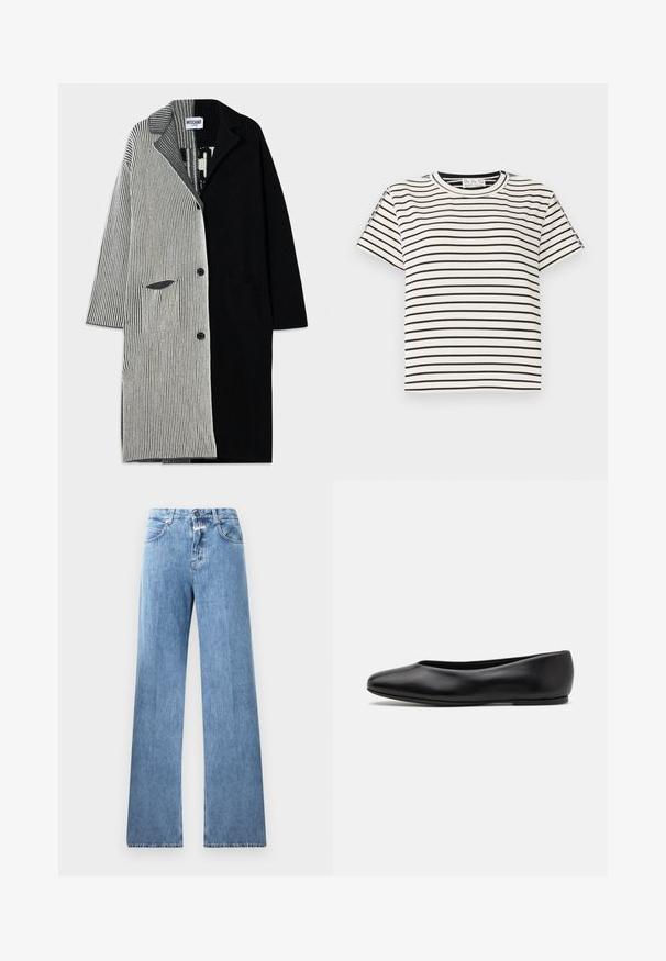 Čierny a sivý kabát s vertikálnym pruhovaním, s klopovým golierom, prednými gombíkmi a dvoma bočnými vreckami. S jemne rebrovanou textúrou po celej ploche.; Bavlnené tričko s krátkym rukávom a okrúhlym výstrihom, s čiernymi vertikálnymi pruhmi na bielom pozadí a priamym strihom.; Svetlo modré denimové džínsy s širokým strihom, piatimi vreckami, pútkami na opasok a zapínaním na gombík. Tkanina má hladkú textúru.; Paul Smith TOPANGA - Balerínky - black