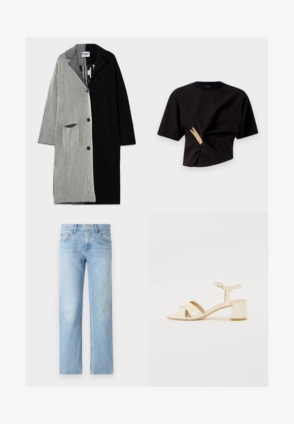 Melna un pelēka vertikāli svītrota mētelis ar iegriezumu apkaklē, priekšējo pogu un divām sānu kabatām. Visā virsmā ir ribota tekstūra.; Melnas īsās piedurknes kapu krekls ar izgrieztu dizainu, kurā priekšpusē ir dekoratīvs dzeltenas drēbju knaģa aksesuārs.; Gai zili džinsi ar taisnu piegriezumu, piecām kabatām, ar pogu un rāvējslēdzēju, un nedaudz nodilušu apdari.; Bežīgi patentēti ādas sandalītes ar krustenisku siksnu dizainu, atvērtu pirkstu, regulējamu potītes siksnu un bloku papēdi. Gluda tekstūra.