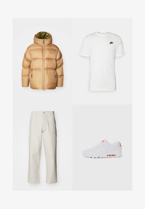 Jachetă puffer bej cu glugă, având o căptușeală verde, închidere cu fermoar în față și buzunare laterale. Hârtie netedă, lucioasă, cu un model matlasat.; Tricou alb din bumbac cu mâneci scurte, decolteu rotund și un logo Nike negru în zona stângă a pieptului. Textură netedă și croială clasică.; Pantaloni wide-leg de culoare bej deschis, confecționați din bumbac. Dispun de buzunare frontale și închidere cu nasture. Textură netedă cu linii verticale subtile.; Adidașii albaștri de sport au o parte superioară netedă, sistem de închidere cu șireturi, talpă cu amortizare și o unitate de aer vizibilă cu accente roșii pe branding.