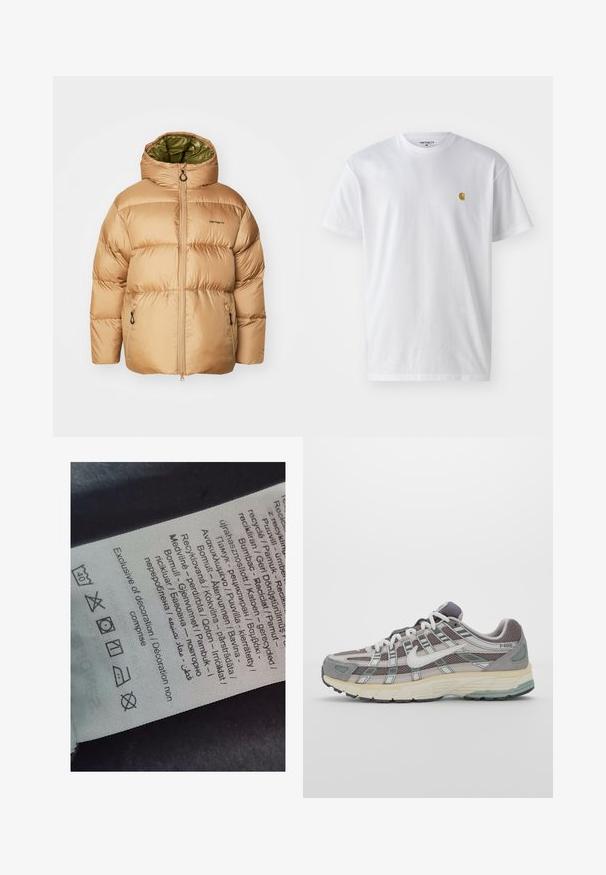 Giacca a vento beige con cappuccio, dotata di rivestimento verde, zip frontale e tasche laterali. Tessuto liscio e lucido con motivo trapuntato.; T-shirt bianco in cotone con maniche corte, con colletto girocollo, caratterizzato da un piccolo logo dorato sulla parte sinistra del petto. Tessuto morbido e vestibilità regolare.; Etichetta con testo multilingue, simboli di cura e icone di riciclo, stampata su un materiale morbido simile a stoffa di colore chiaro.; Scarpa sportiva grigia con tomaia in mesh e suede, dettagli bianchi, suola ammortizzata e un design distintivo con elementi riflettenti.