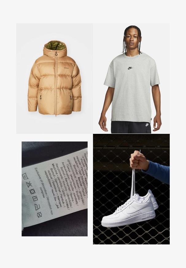 Μπεζ μπουφάν με κουκούλα, με πράσινη επένδυση, μπροστινό φερμουάρ και πλαϊνές τσέπες. Λείος, γυαλιστερός ύφασμα με καπιτονέ μοτίβο.; Νεαρό άτομο με πλεξούδες, ντυμένο με ένα ανοιχτό γκρι T-shirt της Nike και μαύρες σορτς της Nike, μπροστά σε απλό λευκό φόντο.; Ετικέτα με κείμενο σε πολλές γλώσσες, σύμβολα φροντίδας και εικονίδια ανακύκλωσης, τυπωμένα σε απαλό υλικό που μοιάζει με ύφασμα σε ανοιχτό χρώμα.; Λευκά δερμάτινα αθλητικά παπούτσια με διάτρητο σχέδιο, στρογγυλή μύτη, επίπεδη σόλα και χοντρές κορδόνες, με εμφάνιση του λογότυπου swoosh και την ένδειξη "AIR" στη φτέρνα.