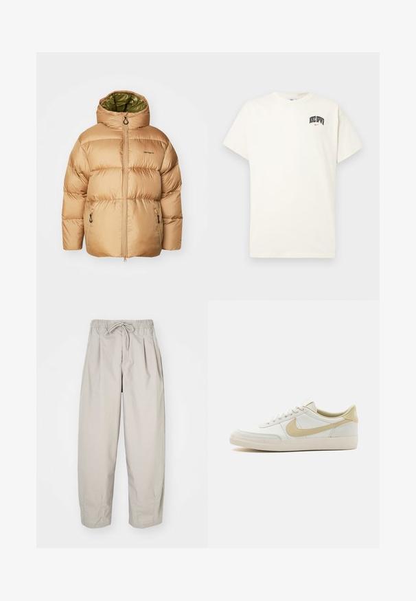 Bežani pufasti kaput s kapuljačom, sadrži zelenu podstavu, prednje zatvaranje na rajsferšlus i bočne džepove. Glatka, sjajna tkanina s kviltanim uzorkom.; Pamučni majica boje kreme s kratkim rukavima, na prsima ima natpis "NIKE SB" u crnoj i crvenoj boji. Standardni okrugli izrez.; Bež hlače od laganog materijala s elastičnim pojasom i vezicom. Imaju nabore i širok kroj, izrađene od mekanog, glatkog materijala.; Bijeli kožni tenisice s off-white potplatima, svijetlosmešnim akcentima i teksturiranom površinom. Imaju središnje vezivanje i istaknutu bočnu oznaku.