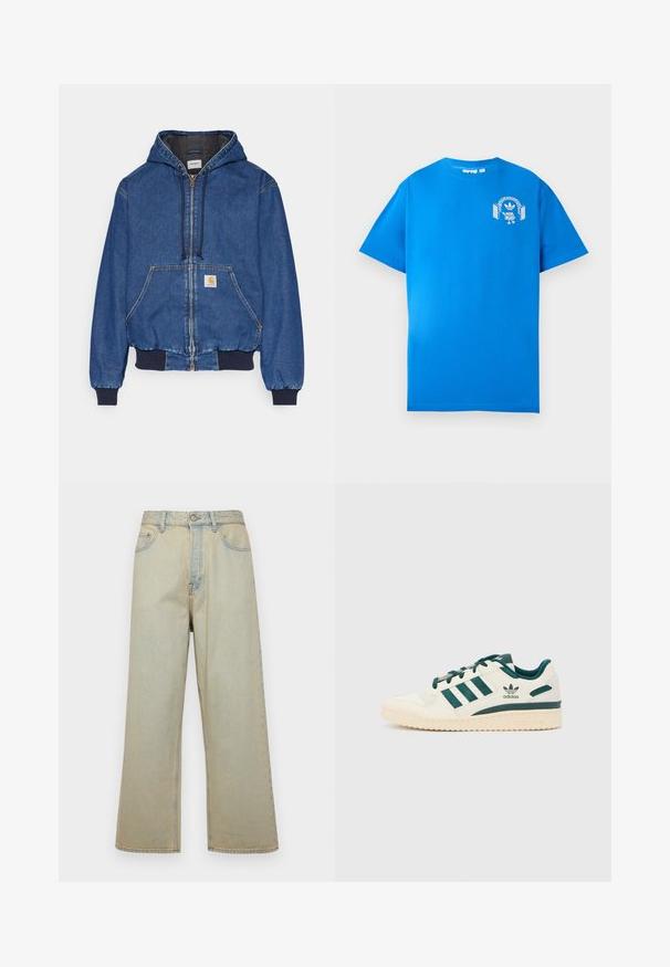 Carhartt WIP ACTIVE JACKET - Traper jakna - blue stone washed; Plava pamučna majica s kratkim rukavima. Sadrži bijeli grafički dizajn sprijeda, koji prikazuje lik s slušalicama i lukom.; Svijetloplave traperice širokog kroja s izblijedjelim završetkom. Imaju pet džepova i zatvaranje na gumbe sprijeda.; Bijela tenisica s zelenim akcentima. Ima tri zelene pruge, teksturirani vrh čarape i logo sa strane. Gumeni potplat s teksturiranim uzorkom.