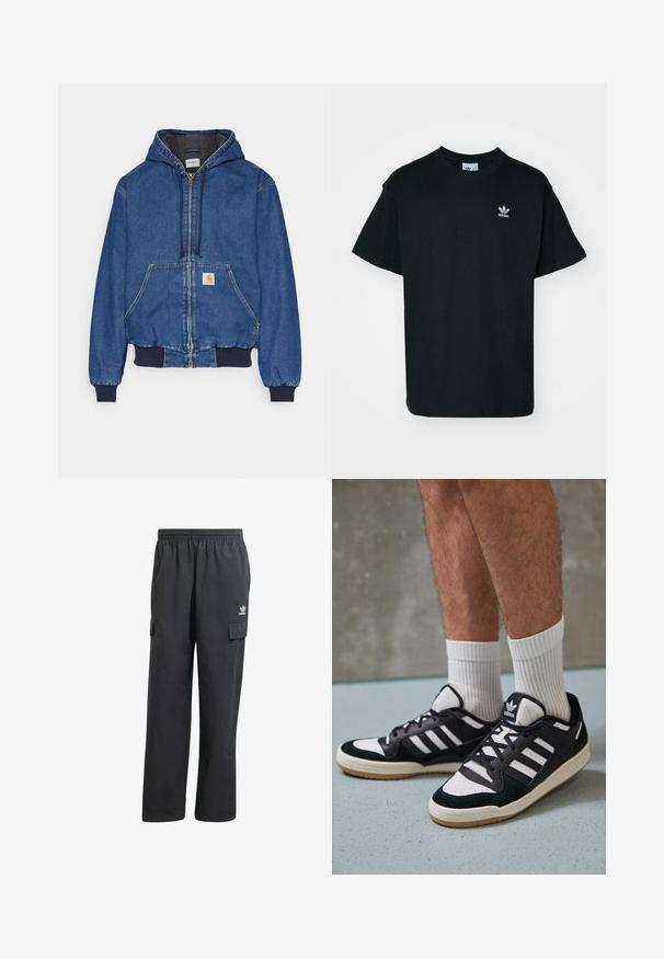 Carhartt WIP ACTIVE JACKET - Farmerdzseki - blue stone washed; Fekete pamut póló kerek nyakkal és rövid ujjal, bal melle részen egy kis fehér Adidas logóval.; Fekete cargo nadrág rugalmas derekkal, két oldalsó zsebbel és egy diszkrét logóval a bal combon. Könnyű anyagból készült.; Fekete-fehér tornacipők velúr és bőr felsőrésszel, három fehér csíkkal, perforált orral és gumi talppal.