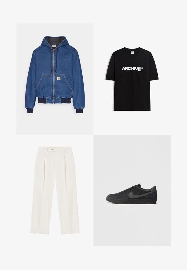 Carhartt WIP ACTIVE JACKET - Jeansjacke - blue stone washed; Schwarzes Baumwoll-T-Shirt mit einem weißen "ARCHIVE inc." Logo auf der Brust, kurzen Ärmeln und einem Rundhalsausschnitt.; Weiße, weite Hosen mit Falten an der Vorderseite, einem einzelnen Knopfverschluss und Seitentaschen. Glatte Textur und maßgeschneiderter Schnitt.; Schwarze Wildledersneaker mit niedrigem Profil, Gummilaufsohle, strukturierten Seitenpaneelen und passendem Nike Swoosh-Logo. Durchgängige Schnürung, gepolsterter Kragen.
