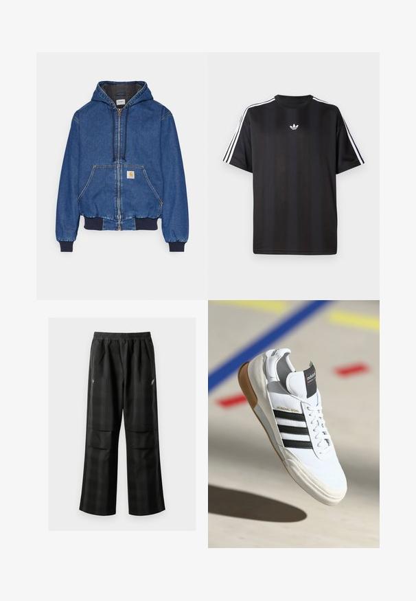 Carhartt WIP ACTIVE JACKET - Jakna iz džinsa - blue stone washed; Crna majica s kratkimi рукави in belimi трими črtami na ramah ter majhnim belim logotipom na prsih. Gladka tekstura tkanine.; Črne karirane hlače z elastičnim pasom, dvema sprednjima žepoma in ohlapnim krojem s pravimi nogavicami. Narejene so iz lahke tkanine.; Beli Adidas Mundial Goal športni copat z črnimi črtami in gumijastim podplatom, prikazan v zraku nad športnim igriščem z barvnimi črtami.