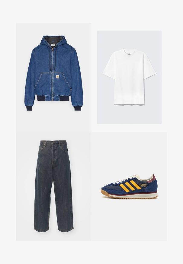 Carhartt WIP ACTIVE JACKET - Teksajakk - blue stone washed; Lame valge lühikeste varrukatega vabalt lõigatud T-särk, millel on helehall taust.; Laia tume sinine teksapüksid, millel on peenelt kulutatud tekstuur, viis taskut ning klassikaline nööp ja luku sulgemine vööl.; Tumed sametist tenniset kollaste triipudega, valgete paeltega ja burgeoone aktsentidega. Tekstureeritud tallal on sooned haardeks. Brändi logo küljel.