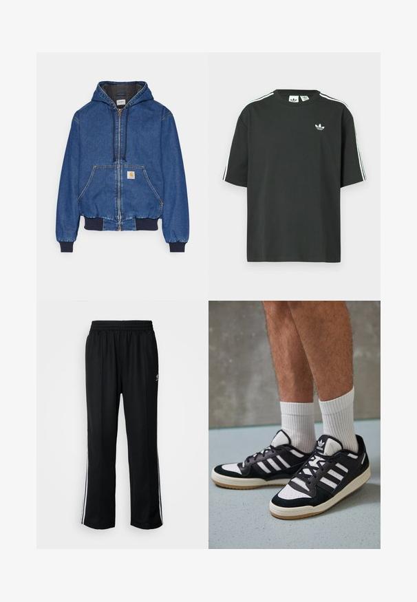 Carhartt WIP ACTIVE JACKET - Denim jacket - blue stone washed; Black cotton t-shirt with short sleeves, crew neckline, and white three-stripe detailing on shoulders. Features a small white logo on chest.; Black athletic pants with an elastic waistband, featuring white side stripes and a small logo. Material appears soft and lightweight.; Black and white sneakers with a suede and leather upper, featuring three white stripes, a perforated toe, and a gum rubber sole.