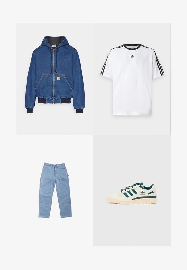 Carhartt WIP ACTIVE JACKET - Teksajakk - blue stone washed; Valge puuvillane T-särk, millel on must ümmargune kaelus ja kolm musta triipu igal õlal. Rinnal väike must logo.; Heledsinised teksad, millel on mugav lõige, mitu taskut, kontrastsed õmblused ja kerge pesuefekt tekstuuri jaoks.; Valged tossud roheliste aktsentidega. Omab kolme rohelise triibuga, tekstureeritud varbakaitset ja logo küljel. Kummist tallaga, millel on tekstureeritud muster.