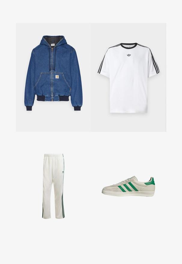 Carhartt WIP ACTIVE JACKET - Giacca di jeans - blue stone washed; Maglietta bianca in cotone, con scollatura rotonda nera e tre strisce nere su ciascuna spalla. Piccolo logo nero sul petto.; Pantaloni da ginnastica bianchi con strisce verdi sui lati, cintura elastica e un logo sulla parte superiore sinistra. Realizzati in tessuto leggero.; Sneaker beige con strisce verdi, con suola bianca e tomaia in pelle liscia. Vista laterale che evidenzia i dettagli dei lacci e il logo.