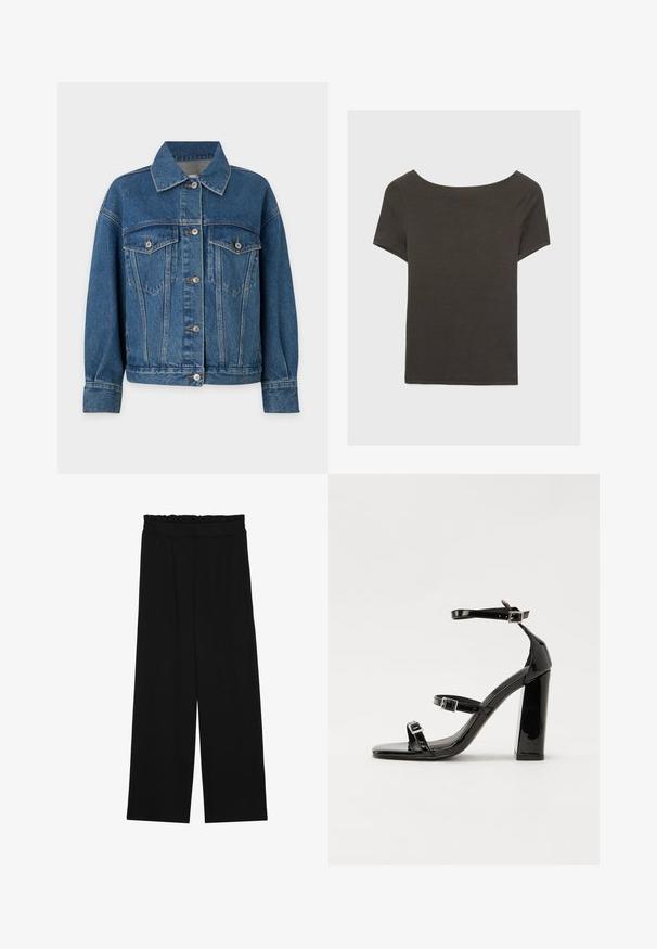 Džínová bunda v strednej modrej farbe s golierom, zapínaním na gombíky, dvoma náprsními vreckami a dlhými rukávmi s prešitými manžetami.; Tmavošedý top s krátkym rukávom a lodičkovým výstrihom. Vyrobený z rebrovanej látky, s voľným strihom a čistým lemovaním. Jednoduchý dizajn, bez vzorov.; Čierne široké nohavice s volánovým pásom, obsahujúce dve bočné vrecká a hladký, ľahký materiál. Žiadne viditeľné vzory ani kovové príslušenstvo.; Čierne lakované sandále na podpätku so štvorcovou špičkou, navlečenými remienkami okolo členku a striebornými prackami. Disponujú masívnym blokovým podpätkom pre stabilitu.