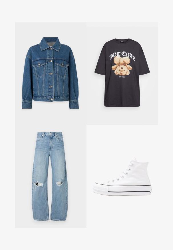 Džínová bunda v strednej modrej farbe s golierom, zapínaním na gombíky, dvoma náprsními vreckami a dlhými rukávmi s prešitými manžetami.; Čierne oversized tričko s grafikou medveďa a textom "NIE ROZTOMILÉ ALE DIVOKÉ" v tučnom bielom písmene. Bavlnený materiál.; Svetlomodré, vysoké džínsy vyrobené z denimu. Majú široké nohavice, dve roztrhnuté kolená a klasický päťvreckový strih.; Biele vysoké plátené tenisky s čiernou gumovou podošvou, prednou gumovou špičkou a šiestimi okami na šnúrky, s čistým, minimalistickým dizajnom.