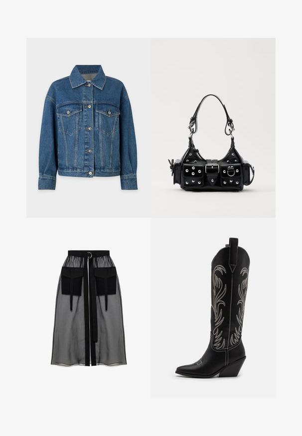 Denim jakas vidējā z blauwe krāsā, ar apkakli, pogu aizdari, divām krūšu kabatām un garām piedurknēm ar šūtām aprocēm.; Divi garajām piedurknēm: viens melns, mīksts audums, otrs bežīgs ar brūnu leoparda rakstu. Abiem ir augsts apkakle.; Melnā caurspīdīgā svārka ar salikto jostasvietu, kas ietver divas lielas priekšējās kabatas, jostas saitīti un apaļu metāla akcentu.; Melnas ādas kovboju zābakus ar norādītām pirkstiem, sānām paceltu papēdi un sudraba izšūtām ziedu rakstiem gar zābaka kāju. Kontrasta dūrieni visā zābakā.; Melnas ādas rokturmais ar izliekumu, ar sudraba iedurtiem, sprādzi un divām sānu kabatām. Regulējams siksniņas garums dažādām nēsāšanas iespējām.