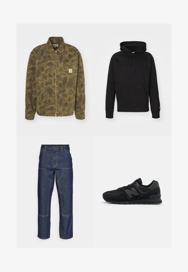 Carhartt WIP DETROIT JACKET - Casaco de ganga - green/office green garment dyed; Hoodie preto em tecido suave, com um bolso frontal tipo saco, cordão ajustável e punhos canelados. Textura suave com detalhes mínimos.; Jeans de ganga escura com uma cintura alta, design de perna reta, costuras em contraste e bolsos de remendo na frente.; Sapatos de desporto pretos em camurça e malha, com um upper texturizado, colarinho almofadado, atacadores planos e um detalhe de logótipo cinza na lateral.