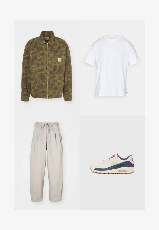 Carhartt WIP DETROIT zielony; Biała bawełniana koszulka z krótkim rękawem i okrągłym dekoltem. Posiada małe, dyskretne logo Nike na piersi oraz metkę po boku.; Beżowe, lekkie spodnie z elastycznym pasem i sznurkiem do regulacji. Posiadają pliski i luźny krój, wykonane z miękkiego, gładkiego materiału.; Sneakers z górą z kremowej skóry i granatowego zamszu, z widoczną podeszwą powietrzną, beżową gumową podeszwą i czerwonym akcentem na pięcie.